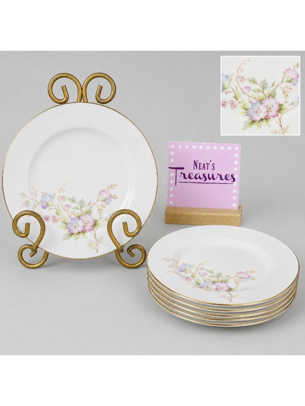 Berkshire FLORAL Pink Blue English Bone China Gold Trim White Side Plate Set 6